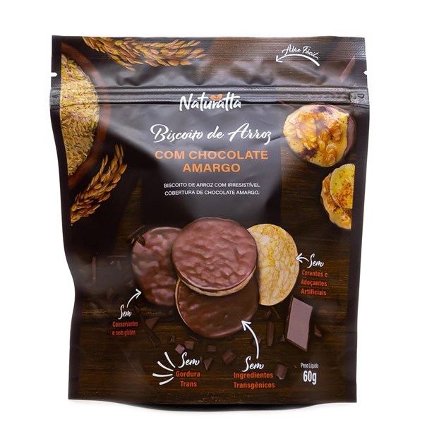 Imagem de Biscoito de Arroz Integral com Cobertura Chocolate Amargo - Naturatta 60g